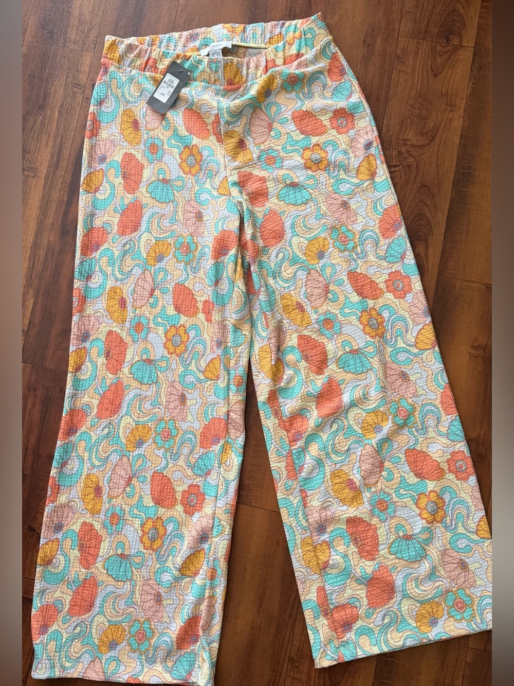 Women’s Wide Leg Retro Hippie Boho Floral Wave Pants Orange Teal medium NWT